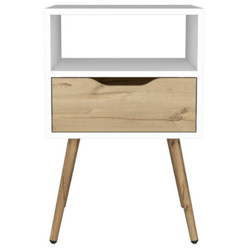 Allie Nightstand with Superior Top, Open Shelf, and Drawer, White/ Light Oak