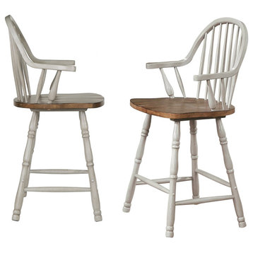 24" Windsor Bar/Counter Stool With Arms, Distressed Gray/Brown Wood, Set of 2