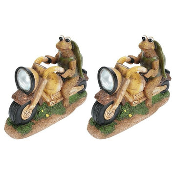 60901, Set of 2 Set Turtle on a Motorcycle Solar LED Accent Light Statue