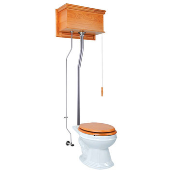 Light Oak High Tank Pull Chain Toilet with Satin L-Pipe and Elongated Bowl