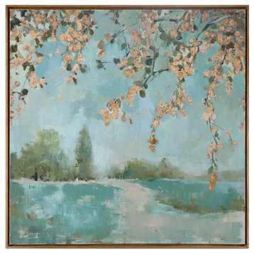 Cherry Blossoms Square Impressionist Tree Painting, Wall Art Large Soft Green