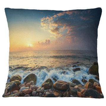 Sunrise And Shining Waves in Sea Seashore Throw Pillow, 18"x18"
