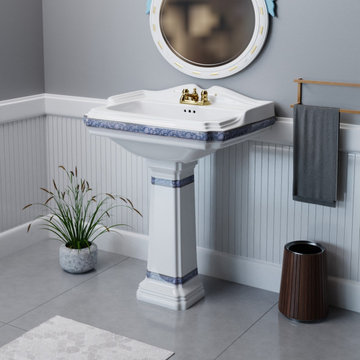 India Reserve Bathroom Pedestal Sink White Porcelain Blue and Gold