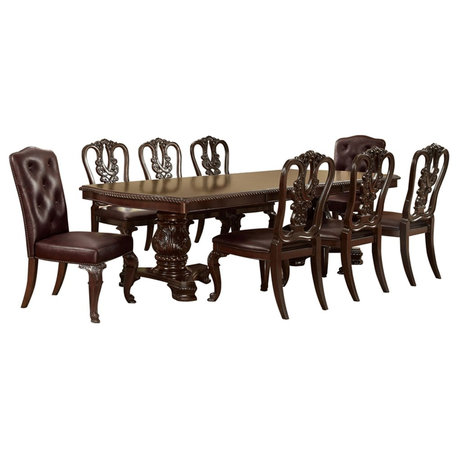 Furniture of America Ramsaran Solid Wood 9-Piece Extendable Dining Set in Cherry