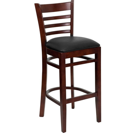 Ladder Back Mahogany Wood Restaurant Barstool, Black Vinyl Seat