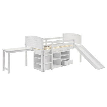 Pemberly Row Transitional Wood Twin Workstation Loft Bed with Slide in White