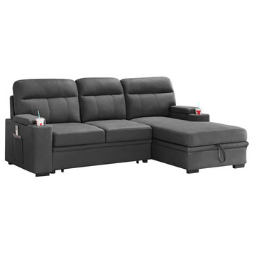 Kaden Gray Fabric Sleeper Sectional Sofa Chaise With Storage Arms and Cupholder