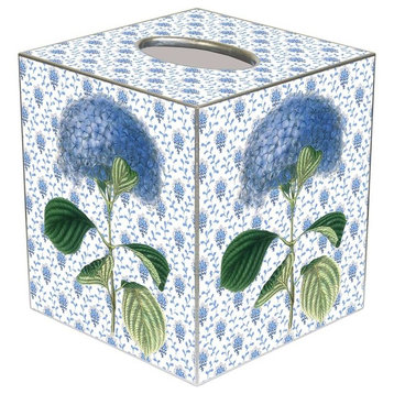 Blue Hydrangea on Provincial Print Wood Wastepaper Basket, Wastepaper Basket & Tissue Box Cover