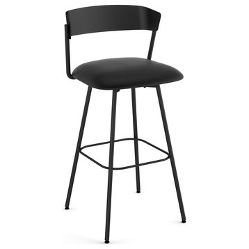 Amisco Ludwig Swivel Counter and Bar Stool, Charcoal Black Faux Leather / Black Metal, Counter Height