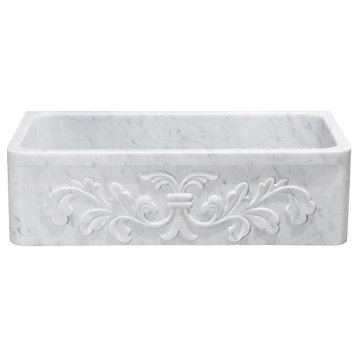 36" Farmhouse Single Sink, Floral Carving Front, Reversible, Carrara Marble