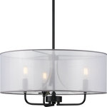 Progress Lighting - Riley Collection Black 3-Light Pendant - Incorporate a sleek simplicity and natural beauty with this pendant. A stunning organza fabric shade redefines love at first sight. Beneath the shade peaks a stylishly simple black frame with polished nickel straps that attaches to the ceiling by a thin metal bar.
