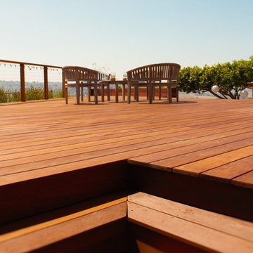 IPE Split level deck with Lighted stairs and stainless steel cable railing
