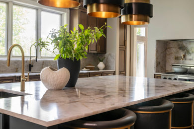 Eat-in kitchen - large transitional porcelain tile eat-in kitchen idea in Chicago with an undermount sink, medium tone wood cabinets, quartzite countertops and multicolored countertops
