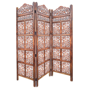 3 Panel Mango Wood Screen With Intricate Cutout Carvings, Brown