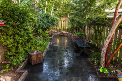 Design ideas for a mid-sized shade backyard stone landscaping in Toronto.