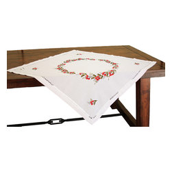 Xia Home Fashions - Holly Berry Embroidered Hemstitch Christmas Table Topper, 36"x36" - Tablecloths