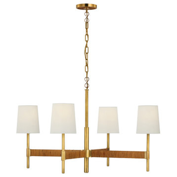 Elle Large Chandelier in Hand-Rubbed Antique Brass and Dark Rattan with Linen Sh