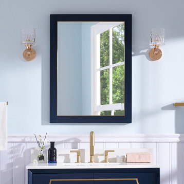 Solid Wood Beleved Edge Rectangular Framed Bathroom Wall Vanity Mirror, Navy Blue, 24”x32"