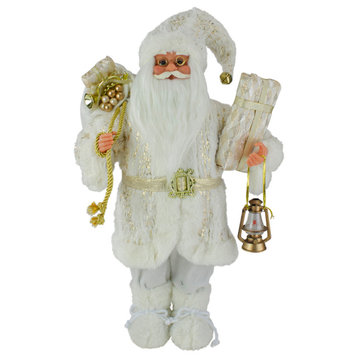 12" Standing Santa Christmas Figure Dressed, Plush Winter White and Gold