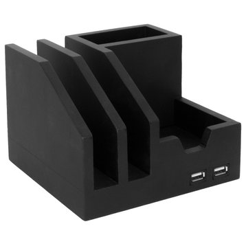 American Art Decor All-in-One USB charging 4 Compartments Desk Organizer - Black