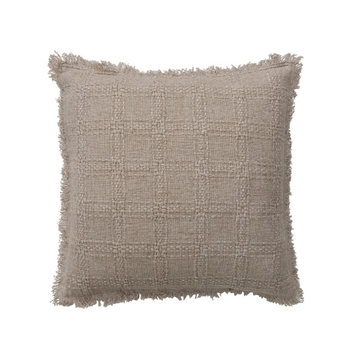 18 Inches Square Woven Cotton Pillow With Chambray Back and Fringe, Natural