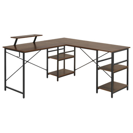 Techni Mobili L-Shape Industrial Desk with storage shelves, Walnut