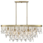 Savoy House - Livorno Noble Brass 8-Light Linear Chandelier - If you are looking for lighting that makes a big style statement, look no further than this Savoy House Livorno 8-light linear pendant. Every aspect of Livorno is thoughtfully designed to create the biggest impact, from the lights that hang at different heights to the 3 tiers of beautifully faceted crystals in different shapes and sizes. This is the perfect way to indulge your craving for updated Hollywood Regency glamour in any room, including foyers, living rooms, kitchens and bedrooms. Finished in Noble Brass. This fixture is 15" wide, 36" long and has an adjustable height that ranges from 15" to 72". Uses 8 candelabra size bulbs of up to 60 watts each (not included).