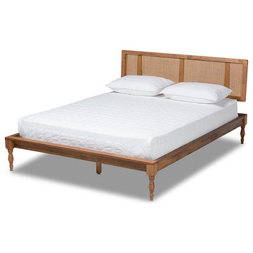 Romy Vintage Ash Wanut Wood and Synthetic Rattan Queen Size Platform Bed