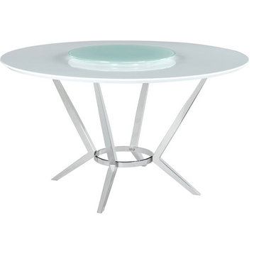 Pemberly Row Round Dining Table with Lazy Susan in White and Chrome