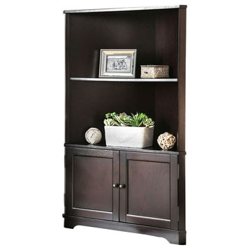 Wooden Bookshelf With 2 Open Compartments And 2 Doors, Walnut Brown