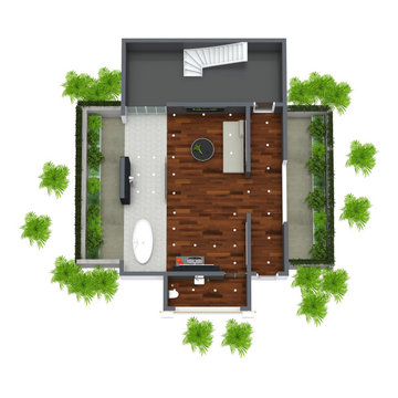3D Bathroom Floor Plan with lush greenery.