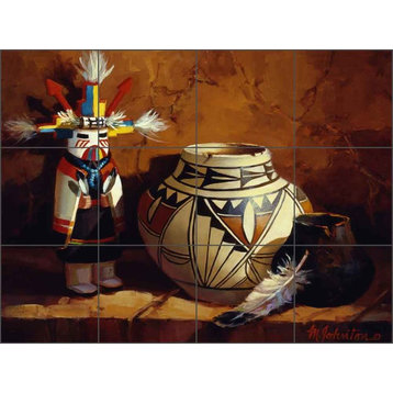 Ceramic Tile Mural Backsplash, Hopi Pot and Butterfly Kachina, 24'x18"