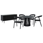 Armen Living - Pasadena Apache 6-Piece Round Dining Set, Buffet, Black Oak Finish Faux Leather - Introducing the Pasadena Apache 6 Piece Round Dining Set. This set includes the 1 Pasadena round dining table and 4 Apache dining chairs, and 1 Pasadena 4 Door Wood Buffet Cabinet with Black Oak Finish. Crafted with meticulous attention to detail, the round shape of the table brings a touch of sophistication, creating a dynamic focal point for gatherings in your dining room. The compact 47-inch size makes it an ideal choice for those seeking a small dining table without compromising on style. Its versatility extends beyond the dining room, seamlessly integrating into kitchens as a modern kitchen table. The Apache chairs showcase a sophisticated blend of Black Oak Wood and Faux Leather, creating a sleek and timeless aesthetic. The upholstered dining chair design provides both comfort and style. Their contemporary design ensures they seamlessly integrate into various interior styles, elevating the ambiance of any space. The versatility of these chairs extends beyond the dining room; they make for stylish additions such as vanity chairs or accent pieces, enhancing the aesthetic appeal of any room. The retro allure of mid-century design is present in the slatted paneling on the column structure of the pedestal base, further elevating its appeal, whilst lending its unmistakable character and attractive, architectural-like quality. The buffet is a seamless blend of form and utility. The four-door design opens to reveal ample storage space with two levels of shelves. Two matching wooden shelves are included, offering an elegant display area for showcasing your cherished dinnerware or decorative items. The shelves are adjustable to 3 available heights, allowing you to customize the interior to accommodate items of various sizes. Use it as a stylish sideboard, an entry cabinet that welcomes guests with its polished charm, or a versatile storage cabinet in the kitchen. Each piece of this 6-piece dining set offers multifunctional appeal and due to the craftsmanship and quality materials it&rsquo;s comprised of it can be enjoyed for many years to come. The Pasadena Apache 6 Piece Round Dining Set comes complete with the Apache Black Oak Wood and Faux Leather Dining Chairs, the Pasadena 4 Door Wood Buffet Cabinet with Black Oak Finish, and one of 2 different color variations for the Pasadena table. This round dining table is available in an all-black oak finish or a walnut tabletop finish with a black base to suit any room.