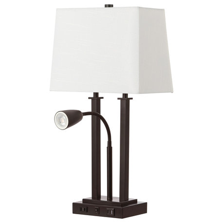 23.75" 2-Light Metal LED Table Lamp, USB port, Adjustable Light, AC Outlet, Black