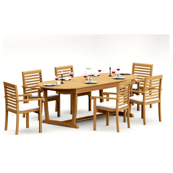 7-Piece Outdoor Teak Dining Set: 94" Masc Oval Table, 6 Hari Stacking Arm Chairs