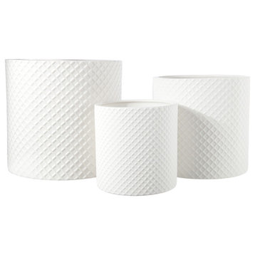 Round Ceramic Pot with Pressed Diamond Design Matte White Finish, Set of 3
