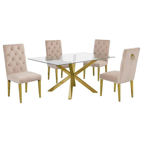 63"x 39" Rectangular Clear Glass 5pc Dining Set with Gold Stainless Steel