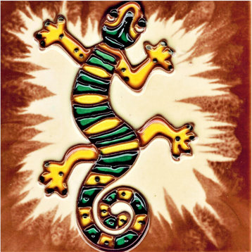 4x4" Green Lizard With Brown Background Art Tile Ceramic Drink Holder Coaster