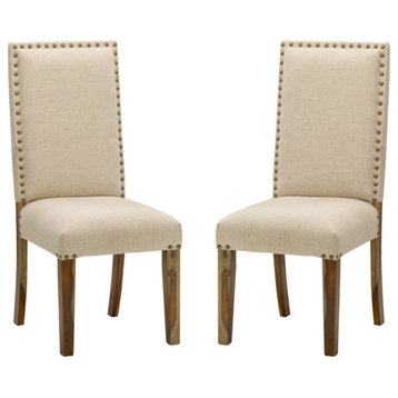 Set of 2 Upholstered Dining Chairs Wood Base Nail Head Trim, Off White