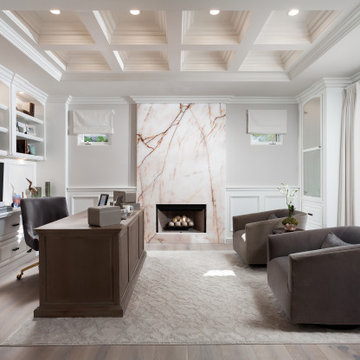 Home Office with Backlit Cristallo Fireplace & Lacquered Built-Ins – Newport Coa