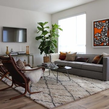 Modern Living Room with Moroccan Shag and Orange Floor Lamp