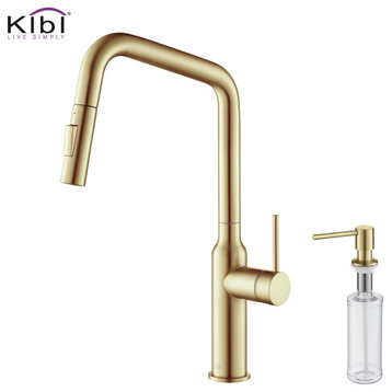 Macon Single Handle Pull Down Kitchen Faucet, Brushed Gold, W/ Soap Dispenser