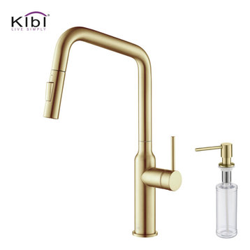 Macon Single Handle Pull Down Kitchen Faucet, Brushed Gold, W/ Soap Dispenser