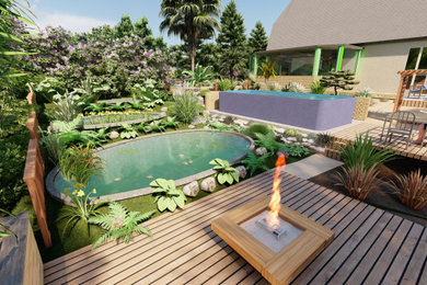 Inspiration pour un grand jardin rustique l'été avec un bassin, une exposition partiellement ombragée, une pente, une colline ou un talus et une terrasse en bois.