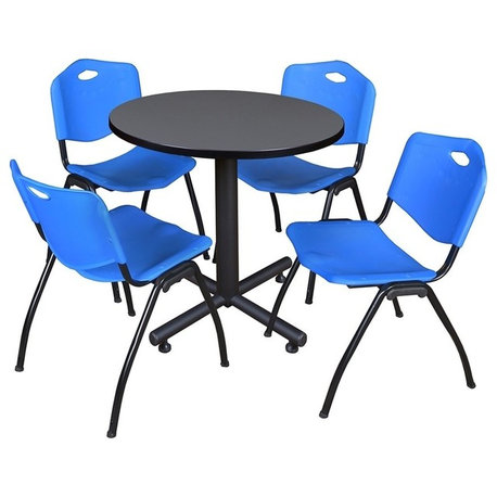Kobe 30" Round Breakroom Table, Gray and 4 'M' Stack Chairs, Blue