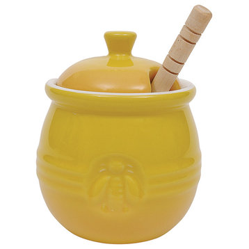 Yellow Stoneware Honey Pot With Lid/Wood Honey Dipper, 2-Piece Set