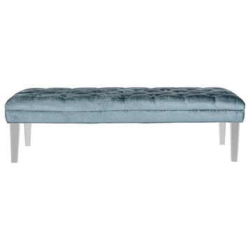 Transitional Upholstered Bench, Acrylic Legs & Tufted Cotton Viscose Seat, Cyan