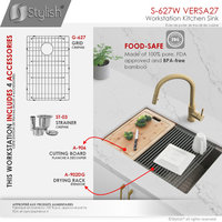 STYLISH 27'' Workstation Single Bowl Undermount 16G Stainless Steel Kitchen Sink
