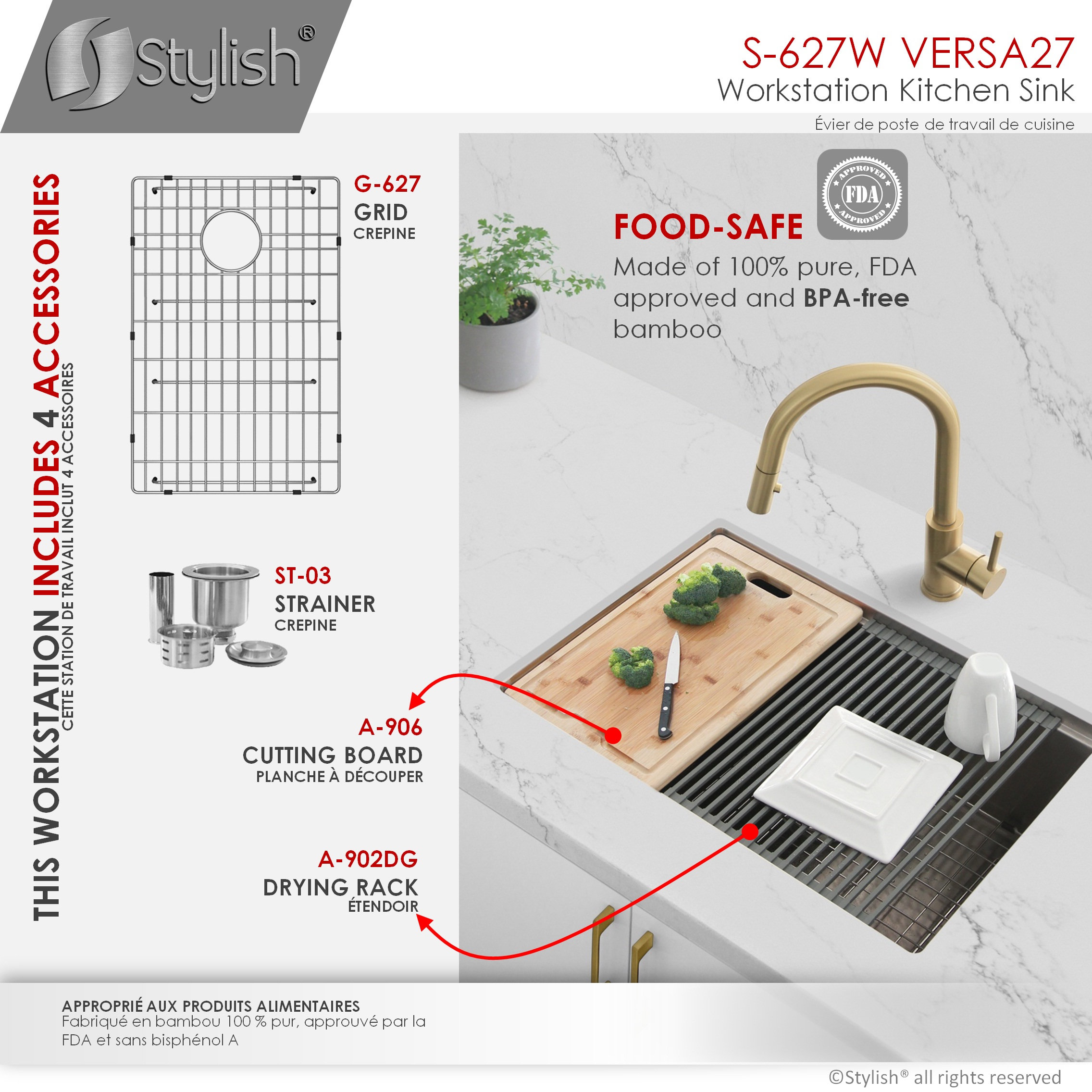 STYLISH 27'' Workstation Single Bowl Undermount 16G Stainless Steel Kitchen Sink