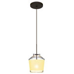 Besa Lighting - Besa Lighting Pica 6, 8.7" 6W 1 LED Cord Pendant with Flat Canopy - Pica 6 is a compact tapered glass with a broad angled top and a chamfer-cut bottom, its retro styling will gracefully blend into today's environments. The Blue Sand decor begins with a clear blown glass, with glossy outer finish. We then, using a handcrafting technique, carefully apply a band of actual fine-grained sand to the inner surface of the glass, where white color is fully saturated into the coating for a bold statement. A final clear protective coating is applied to seal and preserve the accent material. The result is a beautifully textured work of art, comfortable with the irony of sand being applied to a glass that ordinates from sand. When illuminated, the colors shimmers through the noticeable refractions created by every granule, as the sand patterning is obvious and pleasing. The 12V cord pendant fixture is equipped with a 10' braided coaxial cord with Teflon jacket and a low profile flat monopoint canopy. These stylish and functional luminaries are offered in a beautiful brushed Bronze finish.  Canopy Included: TRUE  Shade Included: TRUE  Canopy Diameter: 5 x 0.63< Dimable: TRUE  Color Temperature: 2  Lumens:   CRI: +  Rated Life: 0 HoursPica 6 8.7" 6W 1 LED Cord Pendant with Flat Canopy Bronze Creme Sand Glass *UL Approved: YES *Energy Star Qualified: n/a  *ADA Certified: n/a  *Number of Lights: Lamp: 1-*Wattage:6w LED bulb(s) *Bulb Included:Yes *Bulb Type:LED *Finish Type:Bronze